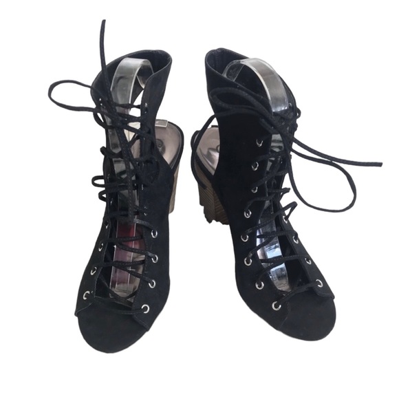 Carlos Santana Jolene Lace-Up Stacked Heel Black Size 8 Peep Toe Suede Fabric - Picture 4 of 7